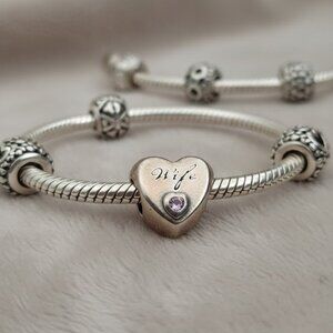 Pandora Sterling Silver "Wife" Heart Charm with Pink CZ small stone